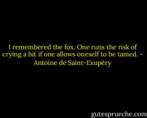 I remembered the fox. One runs the risk of crying a bit if one allows oneself to be tamed. - Antoine de Saint-Exupéry