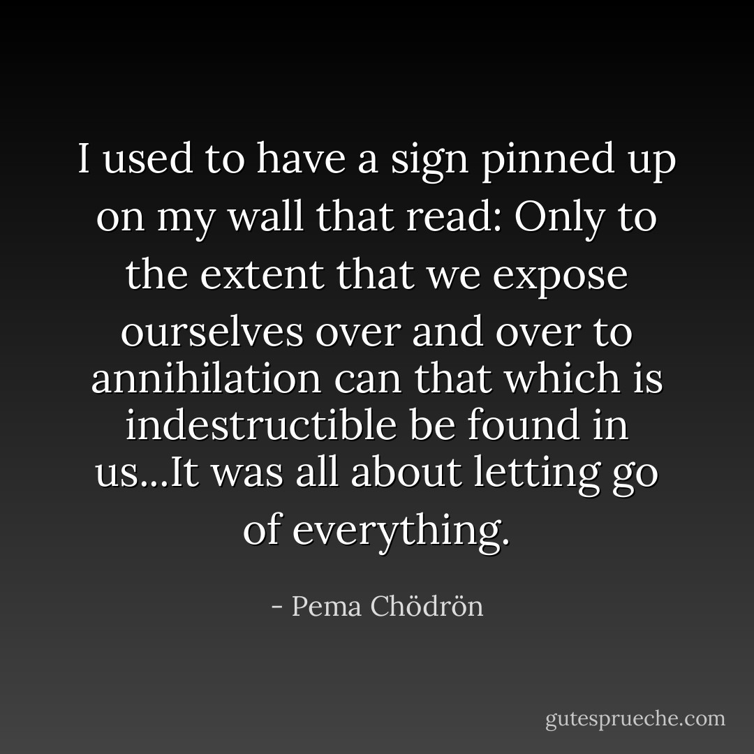 I used to have a sign pinned up on my wall that read: Only to the extent that we expose ourselves over and over to annihilation can that which is indestructible be found in us...It was all about letting go of everything. - Pema Chödrön