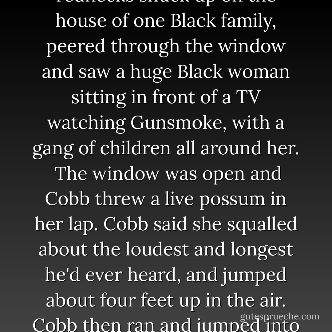Cobb was in a Klan group back in the 60's, and told me stories about how they used to throw live 'coons, possums, porcupines, or ganders into Black houses at night in attempts to run them out of Johnston and Harnett County. Cobb said that late one night, he and three or four other local rednecks snuck up on the house of one Black family, peered through the window and saw a huge Black woman sitting in front of a TV watching Gunsmoke, with a gang of children all around her.<br /><br />The window was open and Cobb threw a live possum in her lap. Cobb said she squalled about the loudest and longest he'd ever heard, and jumped about four feet up in the air. Cobb then ran and jumped into a nearby ditch to observe what would happen next, and it wasn't long before they saw the Black woman bust out of the back door and run across a cotton field with a trail of children behind. Cobb said she was as wide as three rows of cotton, but fast and agile. She outran all the young'uns.  - Frazier Glenn Miller