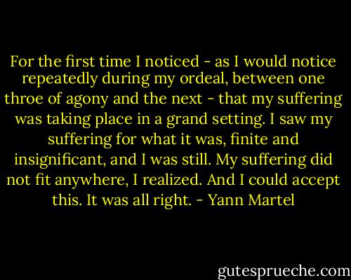 For the first time I noticed - as I would notice repeatedly during my ordeal, between one throe of agony and the next - that my suffering was taking place in a grand setting. I saw my suffering for what it was, finite and insignificant, and I was still. My suffering did not fit anywhere, I realized. And I could accept this. It was all right. - Yann Martel