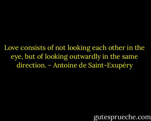 Love consists of not looking each other in the eye, but of looking outwardly in the same direction. - Antoine de Saint-Exupéry