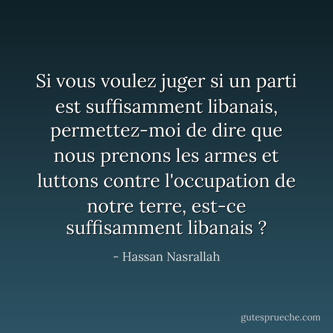 Si vous voulez juger si un parti est suffisamment libanais, permettez-moi de dire que nous prenons les armes et luttons contre l'occupation de notre terre, est-ce suffisamment libanais ? - Hassan Nasrallah