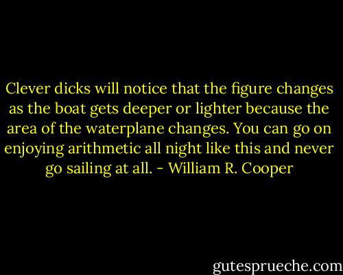 Clever dicks will notice that the figure changes as the boat gets deeper or lighter because the area of the waterplane changes. You can go on enjoying arithmetic all night like this and never go sailing at all. - William R. Cooper