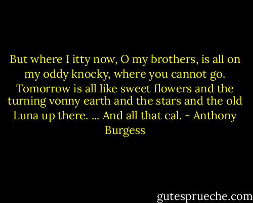 But where I itty now, O my brothers, is all on my oddy knocky, where you cannot go. Tomorrow is all like sweet flowers and the turning vonny earth and the stars and the old Luna up there. ... And all that cal. - Anthony Burgess
