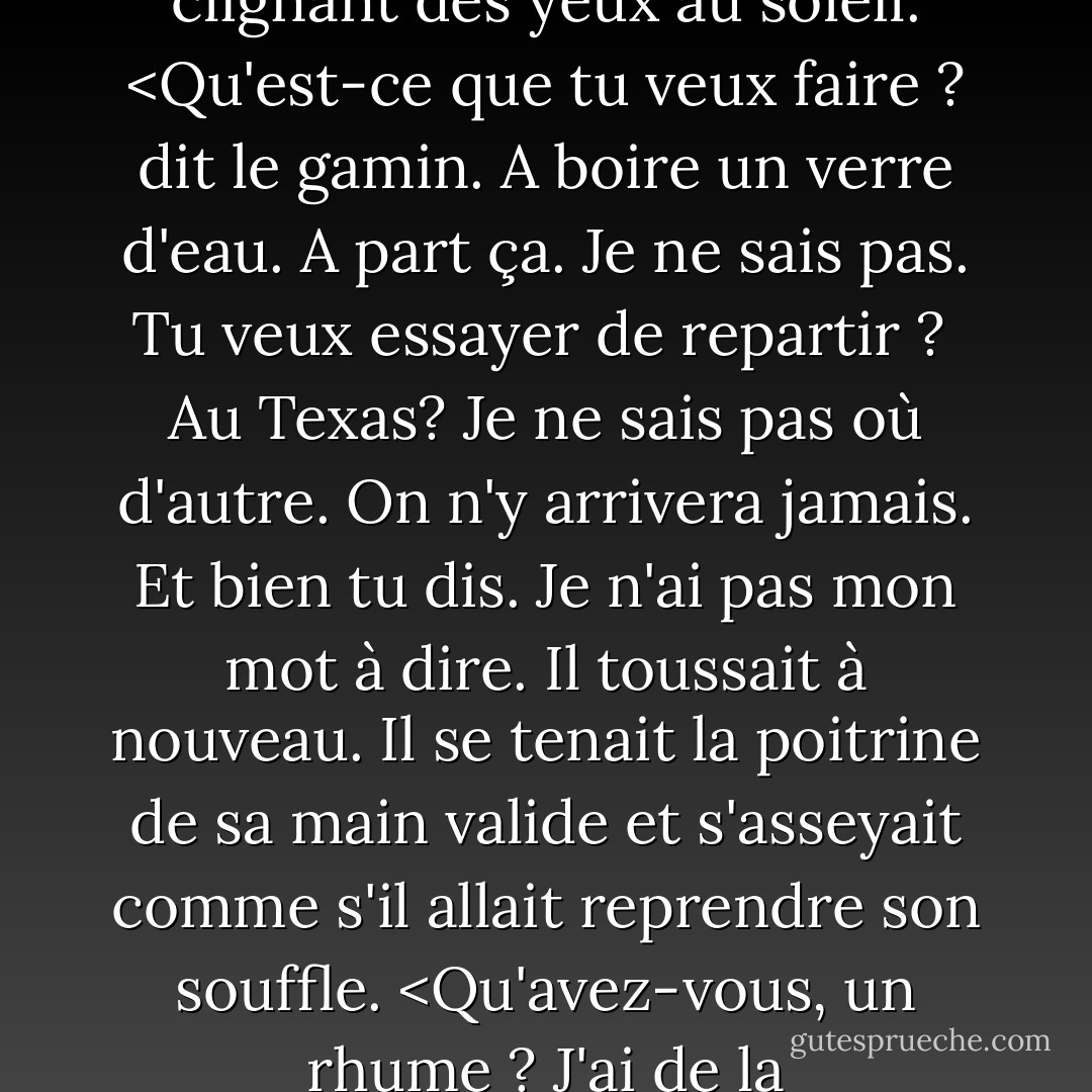Ils se sont assis sur un banc et Sproule a tenu son bras blessé contre sa poitrine et s'est balancé d'avant en arrière en clignant des yeux au soleil. <Qu'est-ce que tu veux faire ? dit le gamin.<br />A boire un verre d'eau.<br />A part ça.<br />Je ne sais pas.<br />Tu veux essayer de repartir ? <br />Au Texas?<br />Je ne sais pas où d'autre.<br />On n'y arrivera jamais.<br />Et bien tu dis.<br />Je n'ai pas mon mot à dire.<br />Il toussait à nouveau. Il se tenait la poitrine de sa main valide et s'asseyait comme s'il allait reprendre son souffle. <Qu'avez-vous, un rhume ? J'ai de la consommation. Consommation ? Il a acquiescé. Je viens ici pour ma santé. - Cormac McCarthy