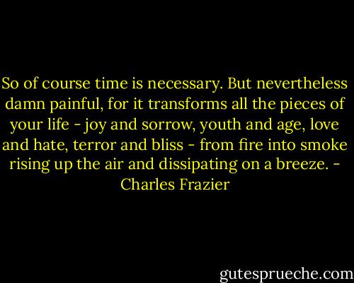 So of course time is necessary. But nevertheless damn painful, for it transforms all the pieces of your life - joy and sorrow, youth and age, love and hate, terror and bliss - from fire into smoke rising up the air and dissipating on a breeze. - Charles Frazier