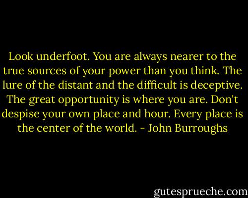 Look underfoot. You are always nearer to the true sources of your power than you think. The lure of the distant and the difficult is deceptive. The great opportunity is where you are. Don't despise your own place and hour. Every place is the center of the world. - John Burroughs