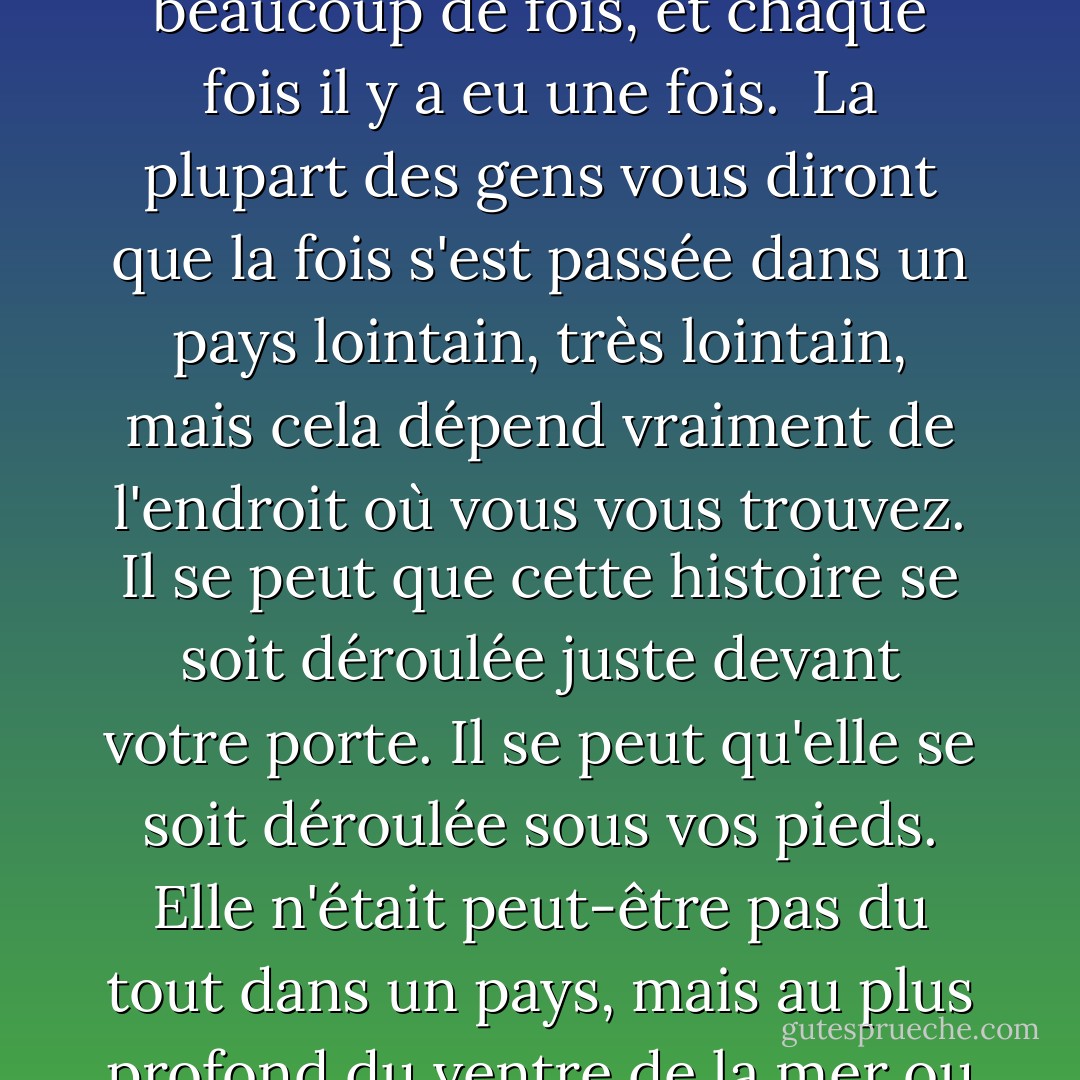 Dans l'histoire du monde, il y a eu beaucoup de fois et beaucoup de fois, et chaque fois il y a eu une fois.<br /><br />La plupart des gens vous diront que la fois s'est passée dans un pays lointain, très lointain, mais cela dépend vraiment de l'endroit où vous vous trouvez. Il se peut que cette histoire se soit déroulée juste devant votre porte. Il se peut qu'elle se soit déroulée sous vos pieds. Elle n'était peut-être pas du tout dans un pays, mais au plus profond du ventre de la mer ou en train de flotter sur son dos. - N.D. Wilson