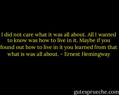 I did not care what it was all about. All I wanted to know was how to live in it. Maybe if you found out how to live in it you learned from that what is was all about. - Ernest Hemingway