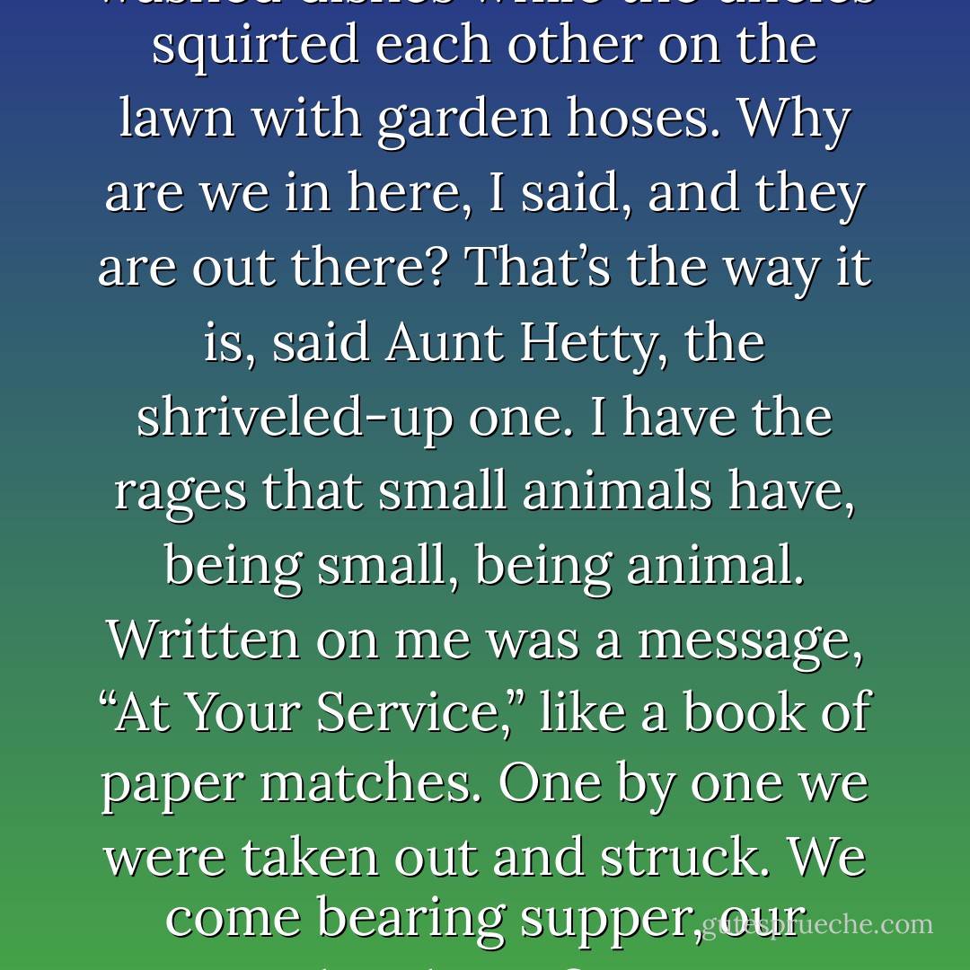 Paper Matches<br /><br />My aunts washed dishes while the uncles<br />squirted each other on the lawn with<br />garden hoses. Why are we in here,<br />I said, and they are out there?<br />That’s the way it is,<br />said Aunt Hetty, the shriveled-up one.<br />I have the rages that small animals have,<br />being small, being animal.<br />Written on me was a message,<br />“At Your Service,”<br />like a book of paper matches.<br />One by one we were taken out<br />and struck.<br />We come bearing supper,<br />our heads on fire. - Paulette Jiles