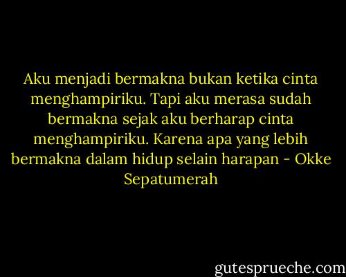 Aku menjadi bermakna bukan ketika cinta menghampiriku. Tapi aku merasa sudah bermakna sejak aku berharap cinta menghampiriku.<br />Karena apa yang lebih bermakna dalam hidup selain harapan - Okke Sepatumerah