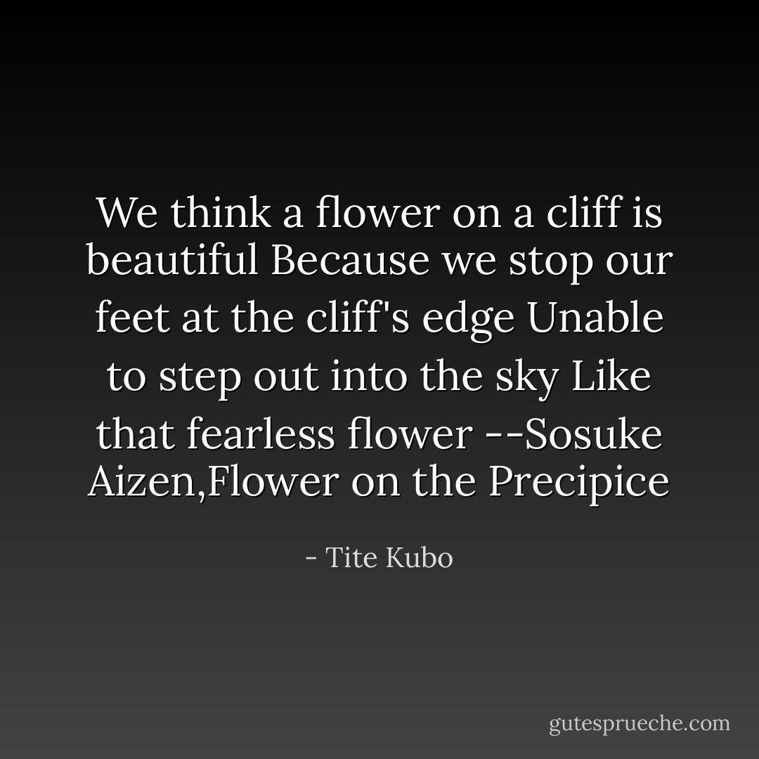 We think a flower on a cliff is beautiful<br />Because we stop our feet at the cliff's edge<br />Unable to step out into the sky<br />Like that fearless flower<br />--Sosuke Aizen,Flower on the Precipice - Tite Kubo