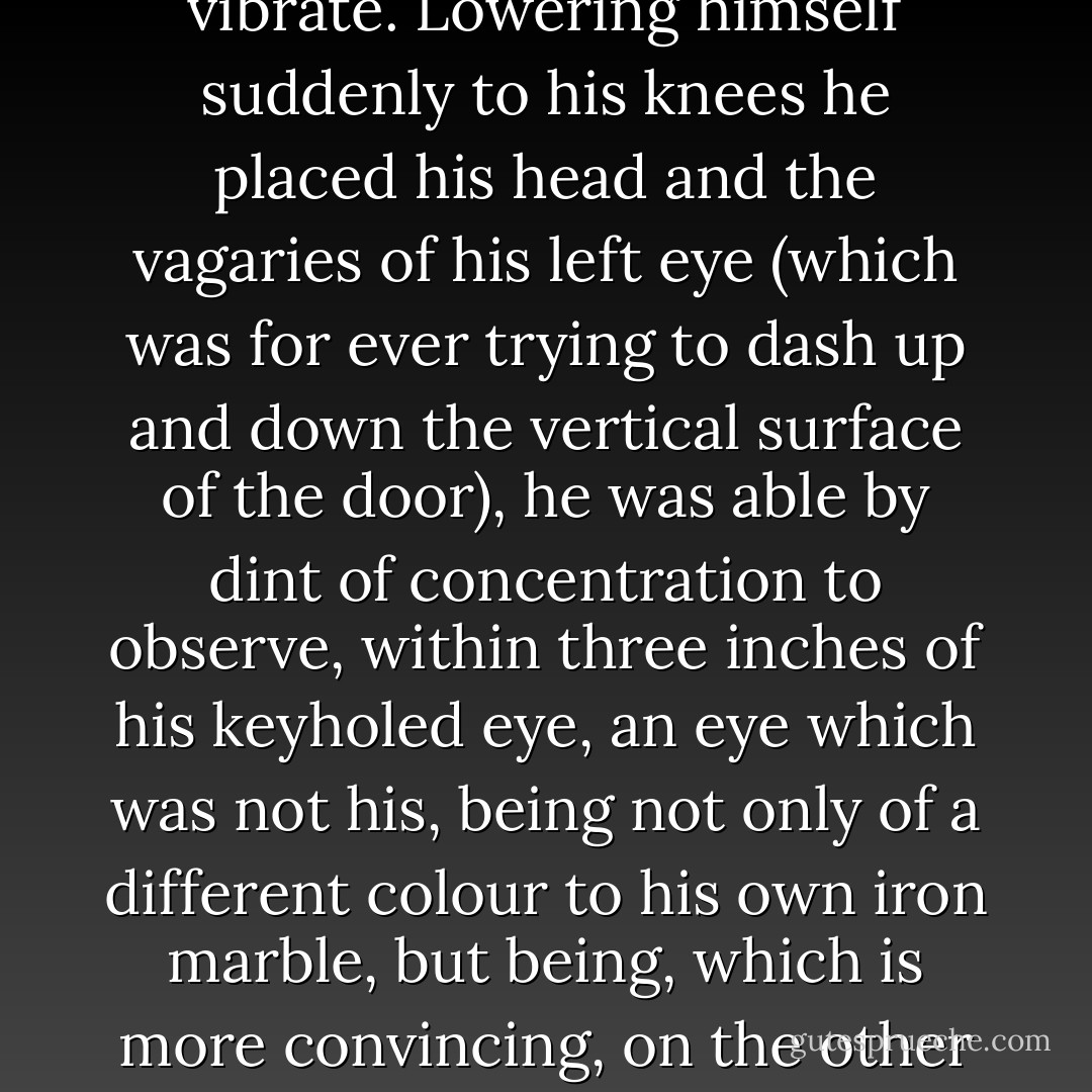 When he at least reached the door the handle had cease to vibrate. Lowering himself suddenly to his knees he placed his head and the vagaries of his left eye (which was for ever trying to dash up and down the vertical surface of the door), he was able by dint of concentration to observe, within three inches of his keyholed eye, an eye which was not his, being not only of a different colour to his own iron marble, but being, which is more convincing, on the other side of the door. - Mervyn Peake