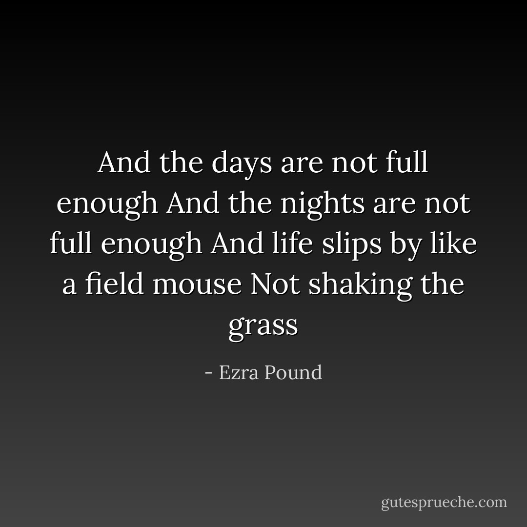 And the days are not full enough<br />And the nights are not full enough<br />And life slips by like a field mouse<br />Not shaking the grass - Ezra Pound