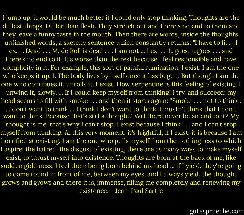 I jump up: it would be much better if I could only stop thinking. Thoughts are the dullest things. Duller than flesh. They stretch out and there's no end to them and they leave a funny taste in the mouth. Then there are words, inside the thoughts, unfinished words, a sketchy sentence which constantly returns: "I have to fi. . . I ex. . . Dead . . . M. de Roll is dead . . . I am not ... I ex. . ." It goes, it goes . . . and there's no end to it. It's worse than the rest because I feel responsible and have complicity in it. For example, this sort of painful rumination: I exist, I am the one who keeps it up. I. The body lives by itself once it has begun. But though I am the one who continues it, unrolls it. I exist. How serpentine is this feeling of existing, I unwind it, slowly. ... If I could keep myself from thinking! I try, and succeed: my head seems to fill with smoke . . . and then it starts again: "Smoke . . . not to think . . . don't want to think ... I think I don't want to think. I mustn't think that I don't want to think. Because that's still a thought." Will there never be an end to it?<br />My thought is me: that's why I can't stop. I exist because I think . . . and I can't stop myself from thinking. At this very moment, it's frightful, if I exist, it is because I am horrified at existing. I am the one who pulls myself from the nothingness to which I aspire: the hatred, the disgust of existing, there are as many ways to make myself exist, to thrust myself into existence. Thoughts are born at the back of me, like sudden giddiness, I feel them being born behind my head ... if I yield, they're going to come round in front of me, between my eyes, and I always yield, the thought grows and grows and there it is, immense, filling me completely and renewing my existence. - Jean-Paul Sartre