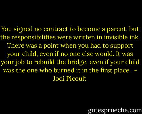 You signed no contract to become a parent, but the responsibilities were written in invisible ink. There was a point when you had to support your child, even if no one else would. It was your job to rebuild the bridge, even if your child was the one who burned it in the first place.  - Jodi Picoult