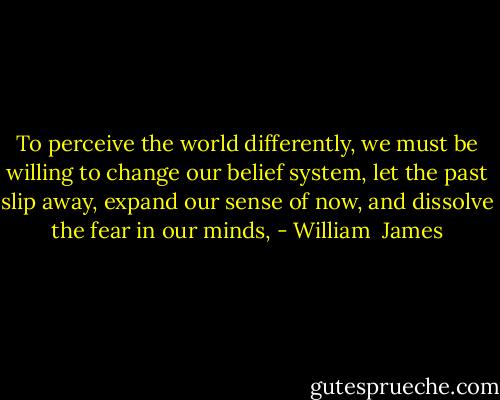 To perceive the world differently, we must be willing to change our belief system, let the past slip away, expand our sense of now, and dissolve the fear in our minds, - William  James
