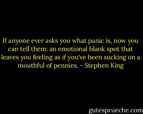 If anyone ever asks you what panic is, now you can tell them: an emotional blank spot that leaves you feeling as if you've been sucking on a mouthful of pennies. - Stephen King