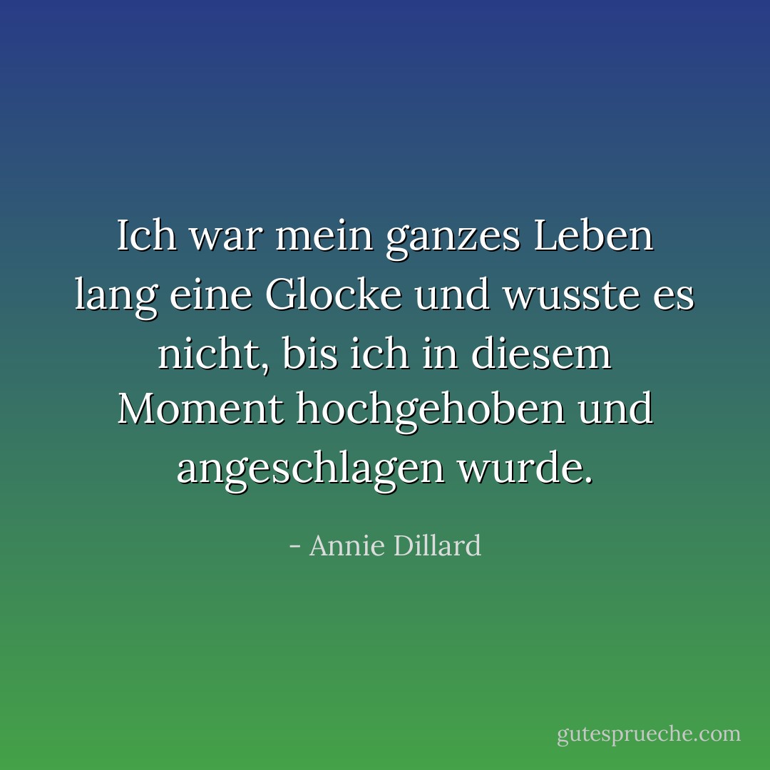 Ich war mein ganzes Leben lang eine Glocke und wusste es nicht, bis ich in diesem Moment hochgehoben und angeschlagen wurde. - Annie Dillard<