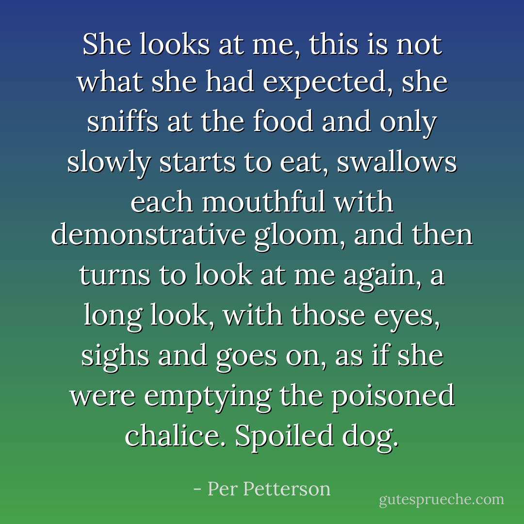 She looks at me, this is not what she had expected, she sniffs at the food and only slowly starts to eat, swallows each mouthful with demonstrative gloom, and then turns to look at me again, a long look, with those eyes, sighs and goes on, as if she were emptying the poisoned chalice. Spoiled dog. - Per Petterson
