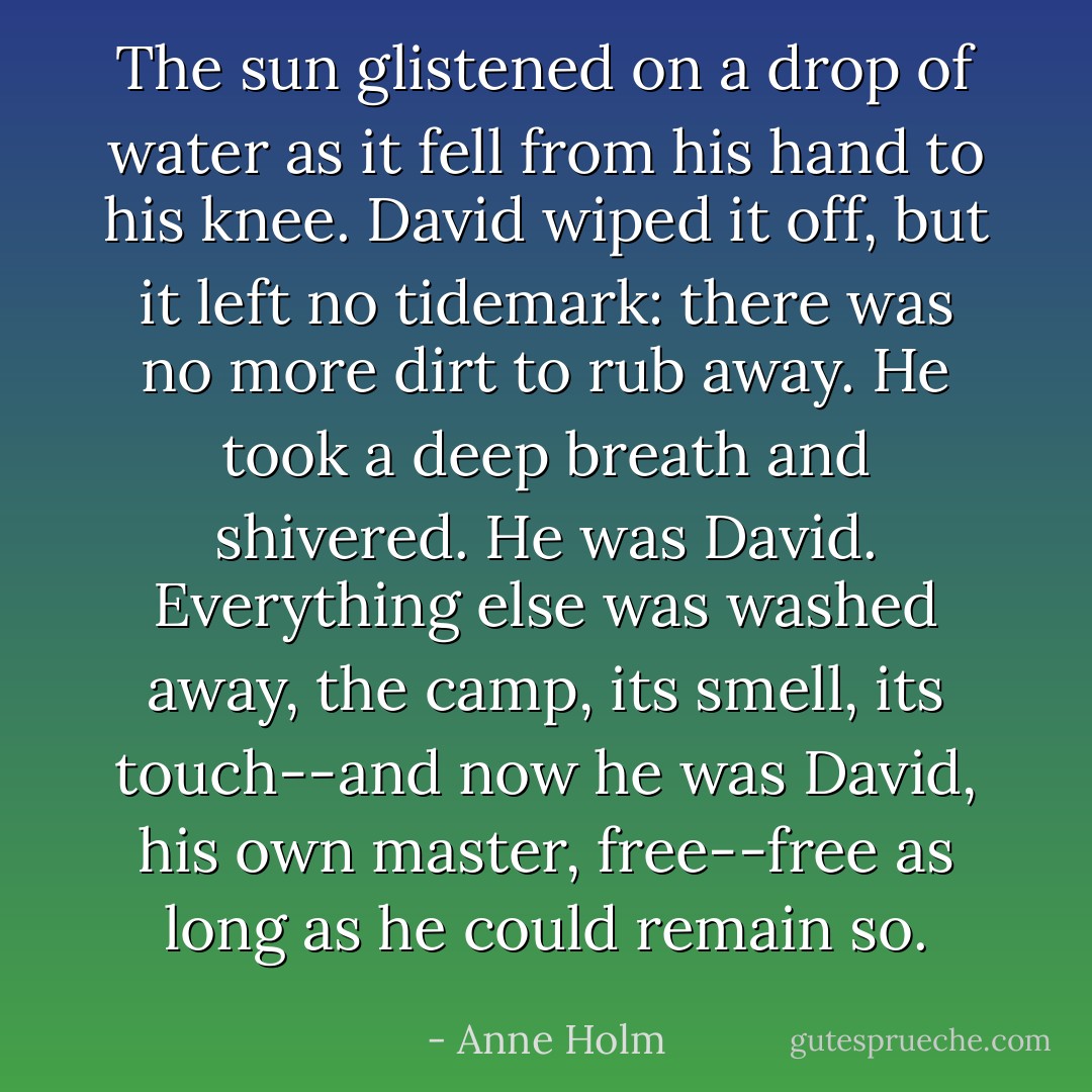 The sun glistened on a drop of water as it fell from his hand to his knee. David wiped it off, but it left no tidemark: there was no more dirt to rub away. He took a deep breath and shivered. He was David. Everything else was washed away, the camp, its smell, its touch--and now he was David, his own master, free--free as long as he could remain so. - Anne Holm