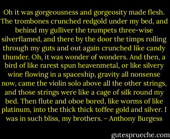 Oh it was gorgeousness and gorgeosity made flesh. The trombones crunched redgold under my bed, and behind my gulliver the trumpets three-wise silverflamed, and there by the door the timps rolling through my guts and out again crunched like candy thunder. Oh, it was wonder of wonders. And then, a bird of like rarest spun heavenmetal, or like silvery wine flowing in a spaceship, gravity all nonsense now, came the violin solo above all the other strings, and those strings were like a cage of silk round my bed. Then flute and oboe bored, like worms of like platinum, into the thick thick toffee gold and silver. I was in such bliss, my brothers. - Anthony Burgess