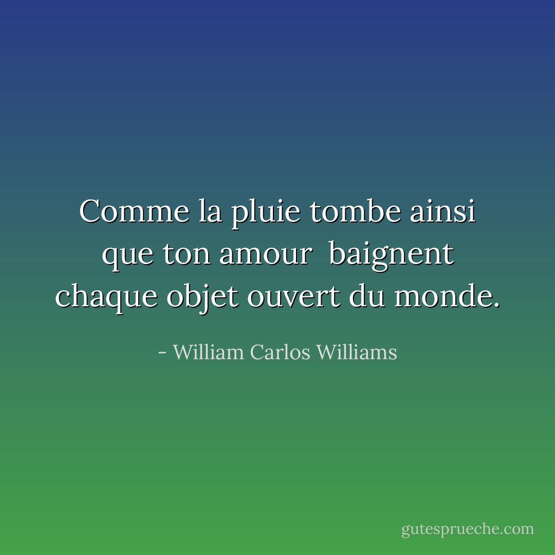 Comme la pluie tombe<br />ainsi que<br />ton amour<br /><br />baignent chaque<br />objet ouvert du monde. - William Carlos Williams