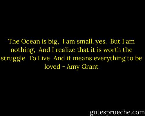The Ocean is big,<br /> I am small, yes.<br /> But I am nothing,<br /> And I realize that it is worth the struggle<br /> To Live<br /> And it means everything to be loved - Amy Grant