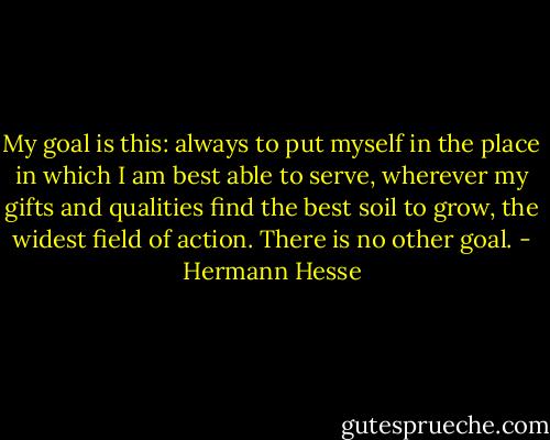 My goal is this: always to put myself in the place in which I am best able to serve, wherever my gifts and qualities find the best soil to grow, the widest field of action. There is no other goal. - Hermann Hesse