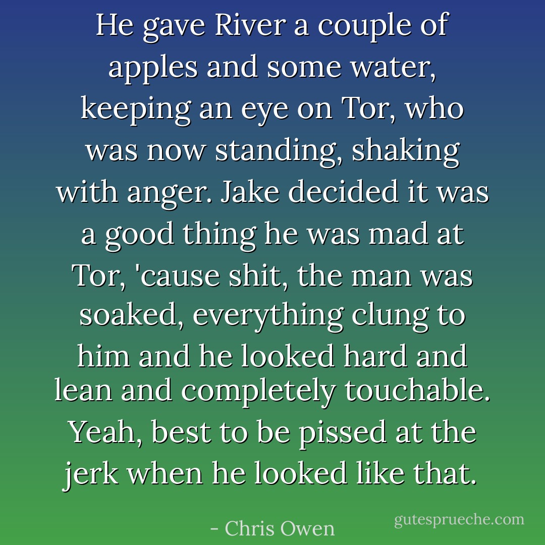 He gave River a couple of apples and some water, keeping an eye on Tor, who was now standing, shaking with anger. Jake decided it was a good thing he was mad at Tor, 'cause shit, the man was soaked, everything clung to him and he looked hard and lean and completely touchable. Yeah, best to be pissed at the jerk when he looked like that. - Chris Owen