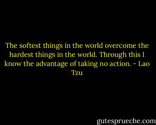 The softest things in the world overcome the hardest things in the world.<br />Through this I know the advantage of taking no action. - Lao Tzu