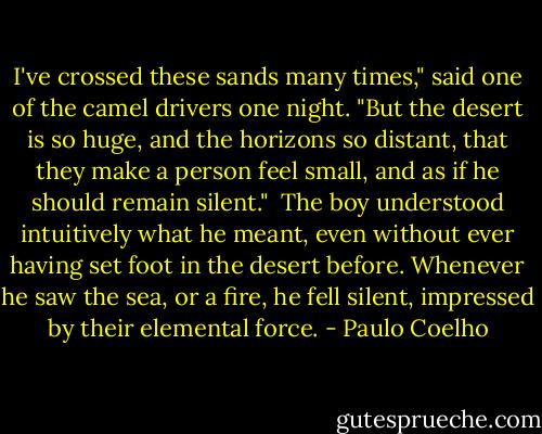 I've crossed these sands many times," said one of the camel drivers one night. "But the desert is so huge, and the horizons so distant, that they make a person feel small, and as if he should remain silent."<br /><br />The boy understood intuitively what he meant, even without ever having set foot in the desert before. Whenever he saw the sea, or a fire, he fell silent, impressed by their elemental force. - Paulo Coelho