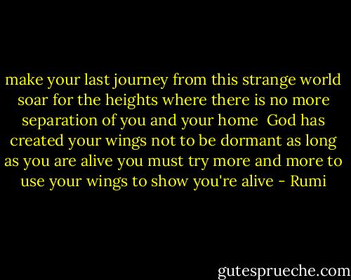 make your last journey<br />from this strange world<br />soar for the heights<br />where there is no more<br />separation of you and your home<br /><br />God has created<br />your wings not to be dormant<br />as long as you are alive<br />you must try more and more<br />to use your wings to show you're alive - Rumi