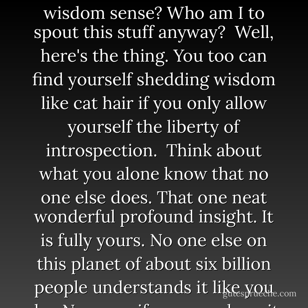 Sometimes I think that wisdoms slip from my mind like drool from the lips of an idiot...<br /><br />Where's all this stuff coming from? Is it any good? Any good in, you know, the wisdom sense? Who am I to spout this stuff anyway?<br /><br />Well, here's the thing. You too can find yourself shedding wisdom like cat hair if you only allow yourself the liberty of introspection.<br /><br />Think about what you alone know that no one else does. That one neat wonderful profound insight. It is fully yours. No one else on this planet of about six billion people understands it like you do.<br /><br />Now, see if you can share it with someone. Bestow it, a gift of yourself.<br /><br />Wisdom is like gossip. Except it's the good kind. - Vera Nazarian