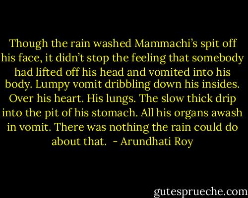 Though the rain washed Mammachi’s spit off his face, it didn’t stop the feeling that somebody had lifted off his head and vomited into his body. Lumpy vomit dribbling down his insides. Over his heart. His lungs. The slow thick drip into the pit of his stomach. All his organs awash in vomit. There was nothing the rain could do about that.  - Arundhati Roy