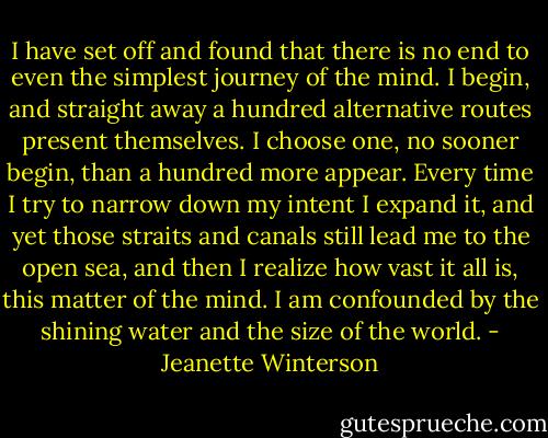 I have set off and found that there is no end to even the simplest journey of the mind. I begin, and straight away a hundred alternative routes present themselves. I choose one, no sooner begin, than a hundred more appear. Every time I try to narrow down my intent I expand it, and yet those straits and canals still lead me to the open sea, and then I realize how vast it all is, this matter of the mind. I am confounded by the shining water and the size of the world. - Jeanette Winterson