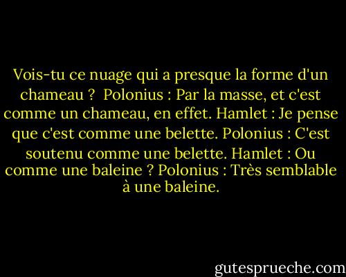 Vois-tu ce nuage qui a presque la forme d'un chameau ? <br />Polonius : Par la masse, et c'est comme un chameau, en effet.<br />Hamlet : Je pense que c'est comme une belette.<br />Polonius : C'est soutenu comme une belette.<br />Hamlet : Ou comme une baleine ?<br />Polonius : Très semblable à une baleine. - William Shakespeare