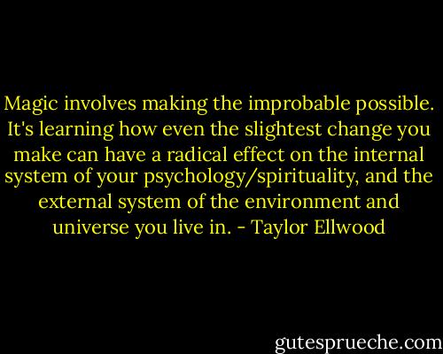 Magic involves making the improbable possible. It's learning how even the slightest change you make can have a radical effect on the internal system of your psychology/spirituality, and the external system of the environment and universe you live in. - Taylor Ellwood