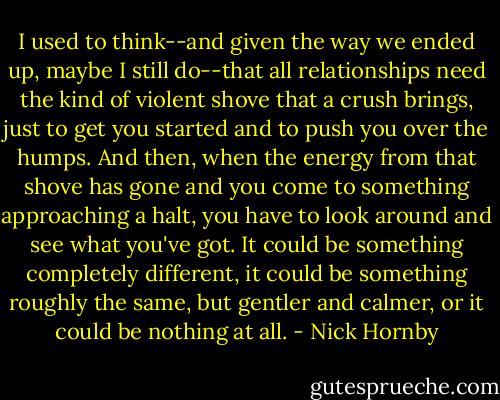 I used to think--and given the way we ended up, maybe I still do--that all relationships need the kind of violent shove that a crush brings, just to get you started and to push you over the humps. And then, when the energy from that shove has gone and you come to something approaching a halt, you have to look around and see what you've got. It could be something completely different, it could be something roughly the same, but gentler and calmer, or it could be nothing at all. - Nick Hornby