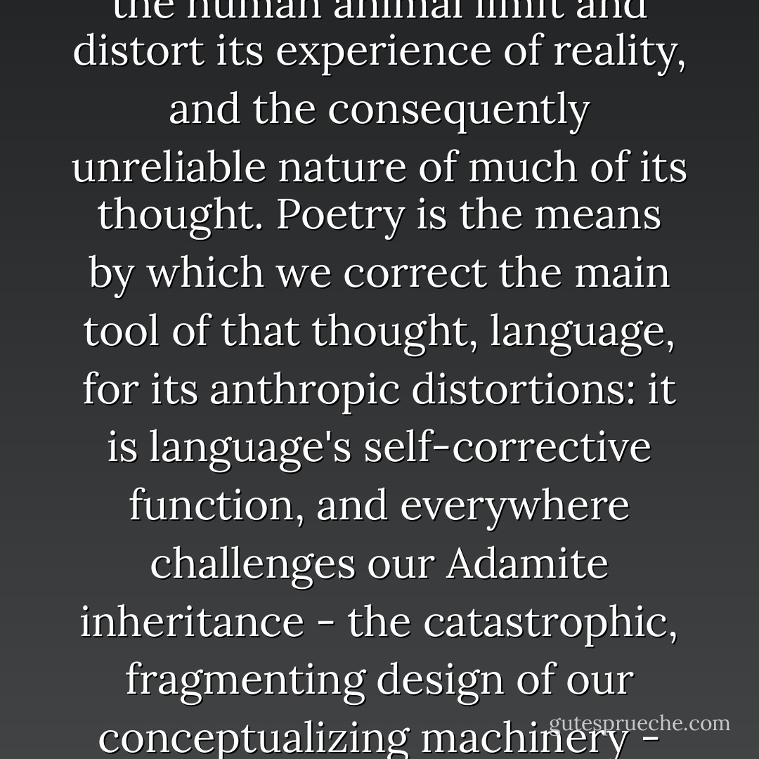 Lurking behind this connecting silence is a brooding suspicion over the extent to which the perceptual user-preferences of the human animal limit and distort its experience of reality, and the consequently unreliable nature of much of its thought. Poetry is the means by which we correct the main tool of that thought, language, for its anthropic distortions: it is language's self-corrective function, and everywhere challenges our Adamite inheritance - the catastrophic, fragmenting design of our conceptualizing machinery - through the insistence on a counterbalancing project, that of lyric unity. - Don Paterson
