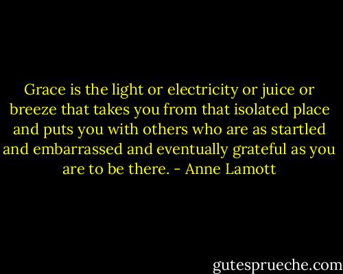 Grace is the light or electricity or juice or breeze that takes you from that isolated place and puts you with others who are as startled and embarrassed and eventually grateful as you are to be there. - Anne Lamott