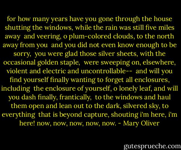 for how many years have you gone through the house<br />shutting the windows,<br />while the rain was still five miles away<br /><br />and veering, o plum-colored clouds, to the north<br />away from you<br /><br />and you did not even know enough<br />to be sorry,<br /><br />you were glad<br />those silver sheets, with the occasional golden staple,<br /><br />were sweeping on, elsewhere,<br />violent and electric and uncontrollable--<br /><br />and will you find yourself finally wanting to forget<br />all enclosures, including<br /><br />the enclosure of yourself, o lonely leaf, and will you<br />dash finally, frantically,<br /><br />to the windows and haul them open and lean out<br />to the dark, silvered sky, to everything<br /><br />that is beyond capture, shouting<br />i'm here, i'm here! now, now, now, now, now. - Mary Oliver