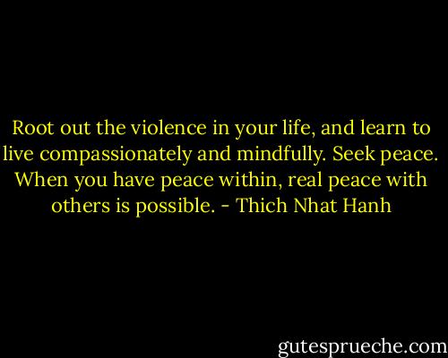 Root out the violence in your life, and learn to live compassionately and mindfully. Seek peace. When you have peace within, real peace with others is possible. - Thich Nhat Hanh