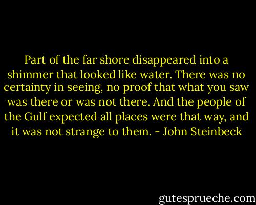 Part of the far shore disappeared into a shimmer that looked like water. There was no certainty in seeing, no proof that what you saw was there or was not there. And the people of the Gulf expected all places were that way, and it was not strange to them. - John Steinbeck