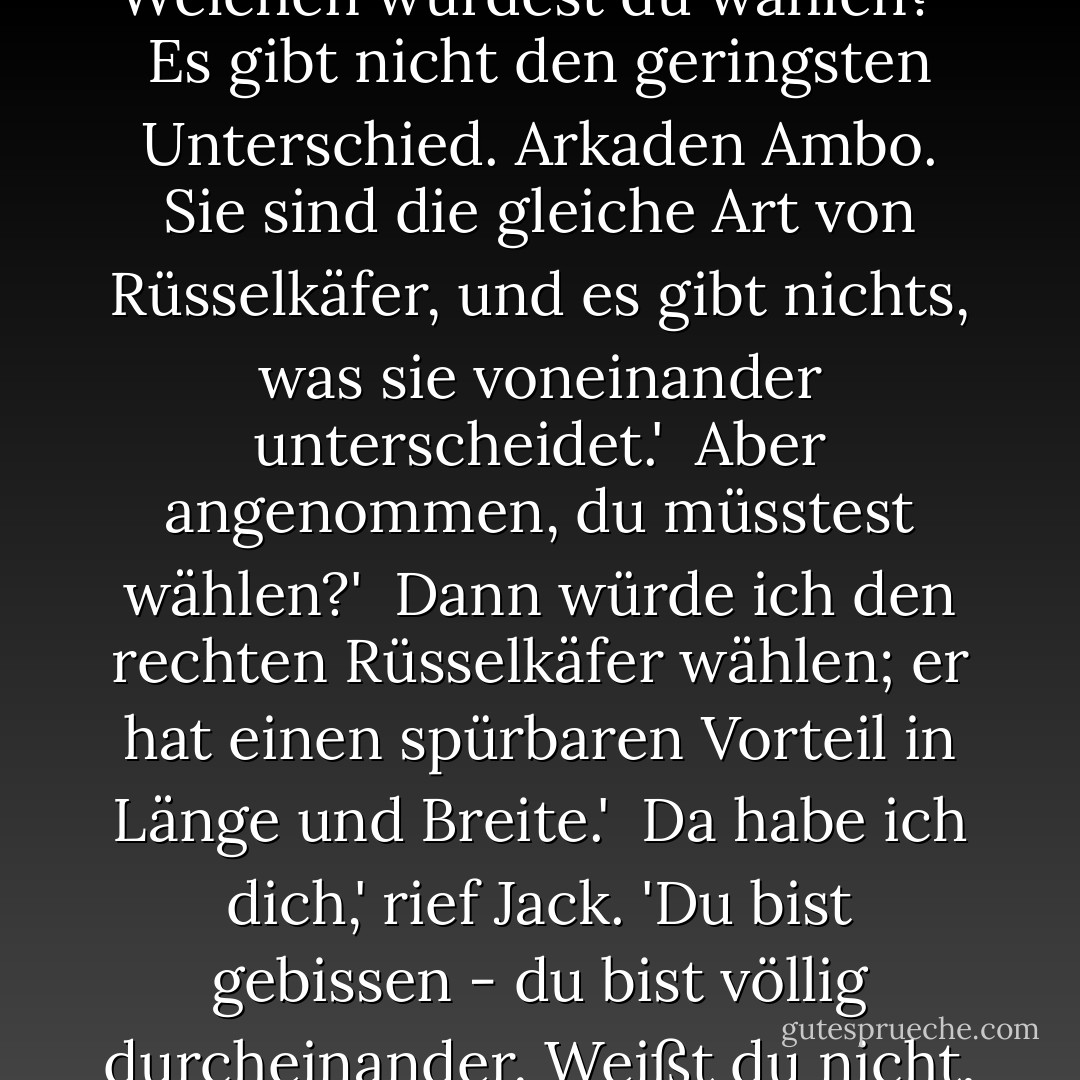 Zwei Rüsselkäfer krochen aus den Krümeln. Siehst du diese Rüsselkäfer, Stephen?', sagte Jack feierlich.'<br /><br />Ich sehe sie.'<br /><br />Welchen würdest du wählen?'<br /><br />Es gibt nicht den geringsten Unterschied. Arkaden Ambo. Sie sind die gleiche Art von Rüsselkäfer, und es gibt nichts, was sie voneinander unterscheidet.'<br /><br />Aber angenommen, du müsstest wählen?'<br /><br />Dann würde ich den rechten Rüsselkäfer wählen; er hat einen spürbaren Vorteil in Länge und Breite.'<br /><br />Da habe ich dich,' rief Jack. 'Du bist gebissen - du bist völlig durcheinander. Weißt du nicht, dass man in der Marine immer den kleineren von zwei Rüsseln wählen muss? Oh ha, ha, ha, ha! - Patrick O'Brian<