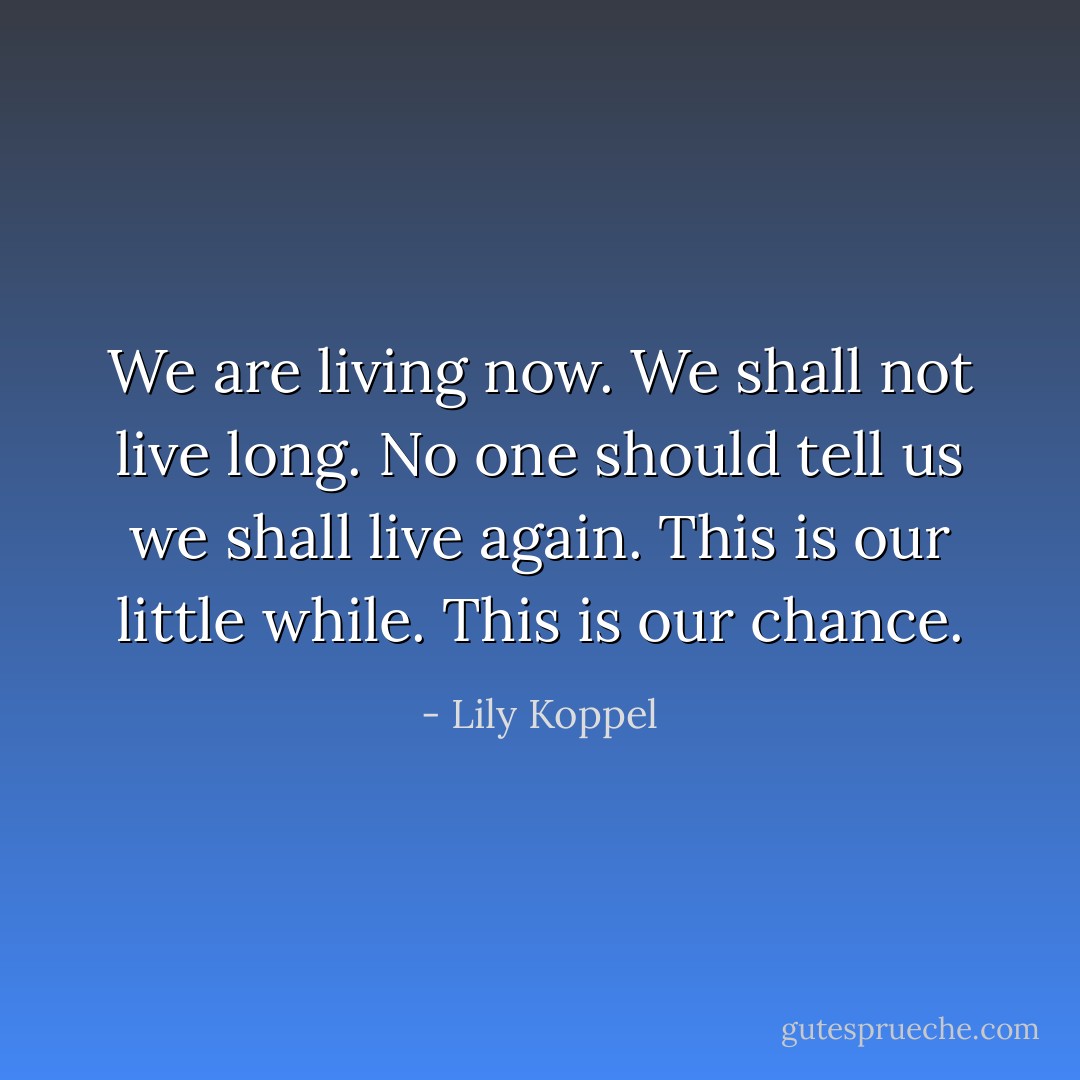 We are living now. We shall not live long. No one should tell us we shall live again. This is our little while. This is our chance. - Lily Koppel