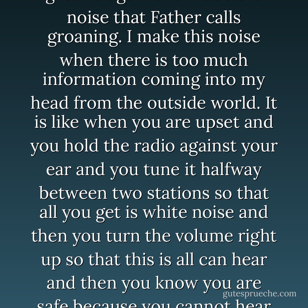 I rolled back onto the lawn and pressed my forehead to the ground again and made the noise that Father calls groaning. I make this noise when there is too much information coming into my head from the outside world. It is like when you are upset and you hold the radio against your ear and you tune it halfway between two stations so that all you get is white noise and then you turn the volume right up so that this is all can hear and then you know you are safe because you cannot hear anything else - Mark Haddon