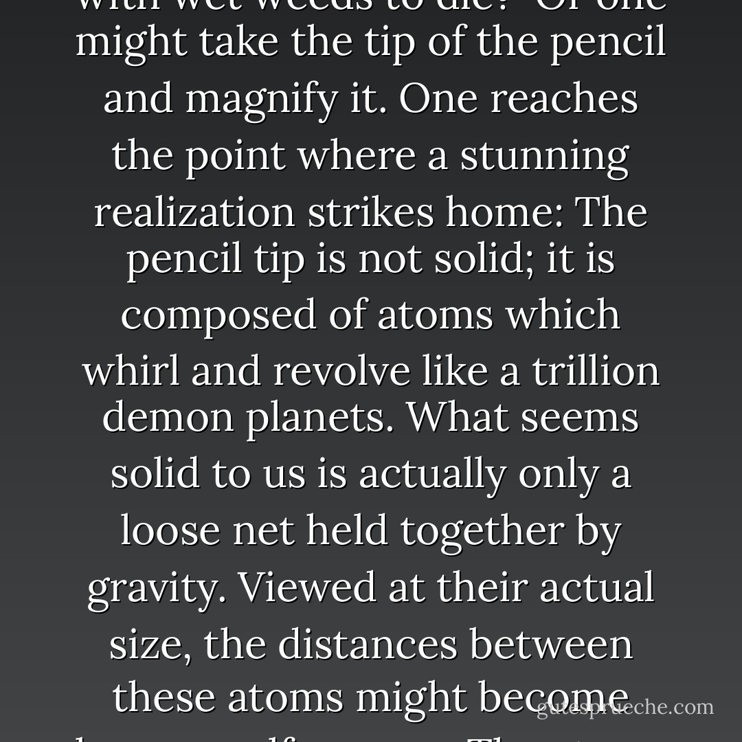 You see? Size defeats us. For the fish, the lake in which he lives is the universe. What does the fish think when he is jerked up by the mouth through the silver limits of existence and into a new universe where the air drowns him and the light is blue madness? Where huge bipeds with no gills stuff it into a suffocating box abd cover it with wet weeds to die?<br /><br />Or one might take the tip of the pencil and magnify it. One reaches the point where a stunning realization strikes home: The pencil tip is not solid; it is composed of atoms which whirl and revolve like a trillion demon planets. What seems solid to us is actually only a loose net held together by gravity. Viewed at their actual size, the distances between these atoms might become league, gulfs, aeons. The atoms themselves are composed of nuclei and revolving protons and electrons. One may step down further to subatomic particles. And then to what? Tachyons? Nothing? Of course not. Everything in the universe denies nothing; to suggest an ending is the one absurdity. - Stephen King