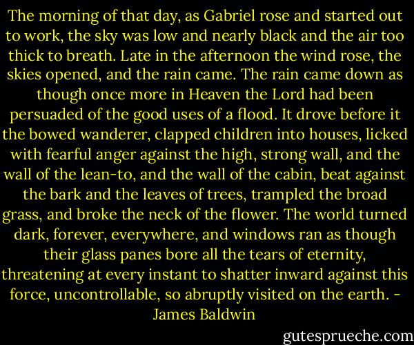 The morning of that day, as Gabriel rose and started out to work, the sky was low and nearly black and the air too thick to breath. Late in the afternoon the wind rose, the skies opened, and the rain came. The rain came down as though once more in Heaven the Lord had been persuaded of the good uses of a flood. It drove before it the bowed wanderer, clapped children into houses, licked with fearful anger against the high, strong wall, and the wall of the lean-to, and the wall of the cabin, beat against the bark and the leaves of trees, trampled the broad grass, and broke the neck of the flower. The world turned dark, forever, everywhere, and windows ran as though their glass panes bore all the tears of eternity, threatening at every instant to shatter inward against this force, uncontrollable, so abruptly visited on the earth. - James Baldwin