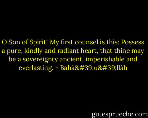 O Son of Spirit!<br />My first counsel is this: Possess a pure, kindly and radiant heart, that thine may be a sovereignty ancient, imperishable and everlasting. - Bahá'u'lláh